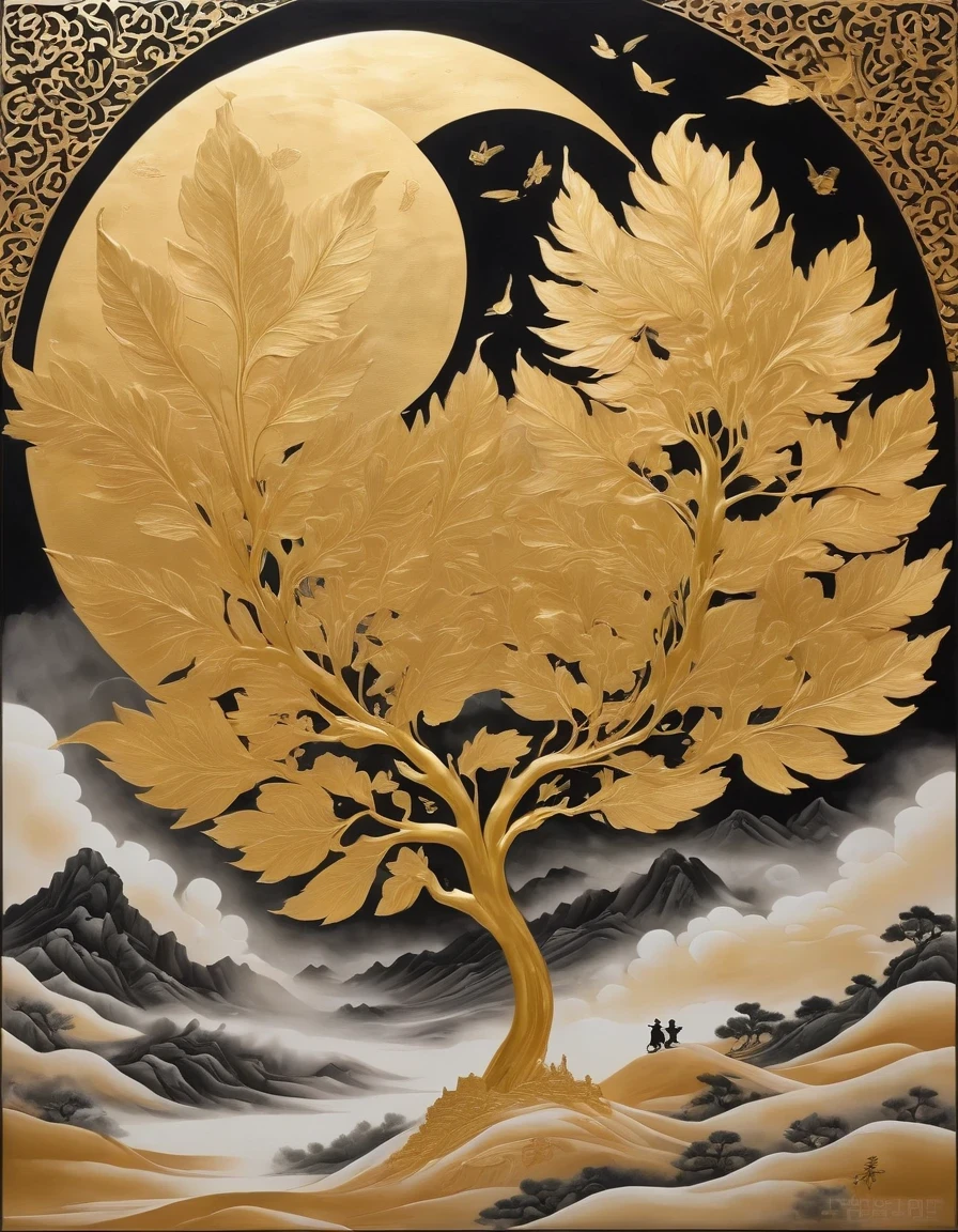 (gold leaf art:1.5),A black and gold-rimmed giant hand fell from the sky, Dunhuang murals as background, minimalist, line art, From front and center to ghostly smoke, Transition from entity to ghost, Smart, powerful and calm, Rich in details, Psychedelic, fantastic, drama, Chinese ancient style, style, ink painting, fantasy, surreal, ethereal