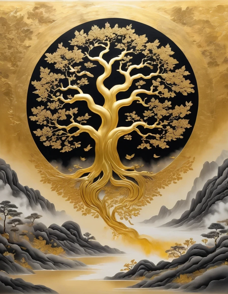 (gold leaf art:1.5)，Black gold-rimmed Bodhi tree falls from the sky, Dunhuang murals as background, minimalist, line art, From front and center to ghostly smoke, Transition from entity to ghost, Smart, powerful and calm, Rich in details, Psychedelic, fantastic, drama, Chinese ancient style, style, ink painting, fantasy, surreal, ethereal