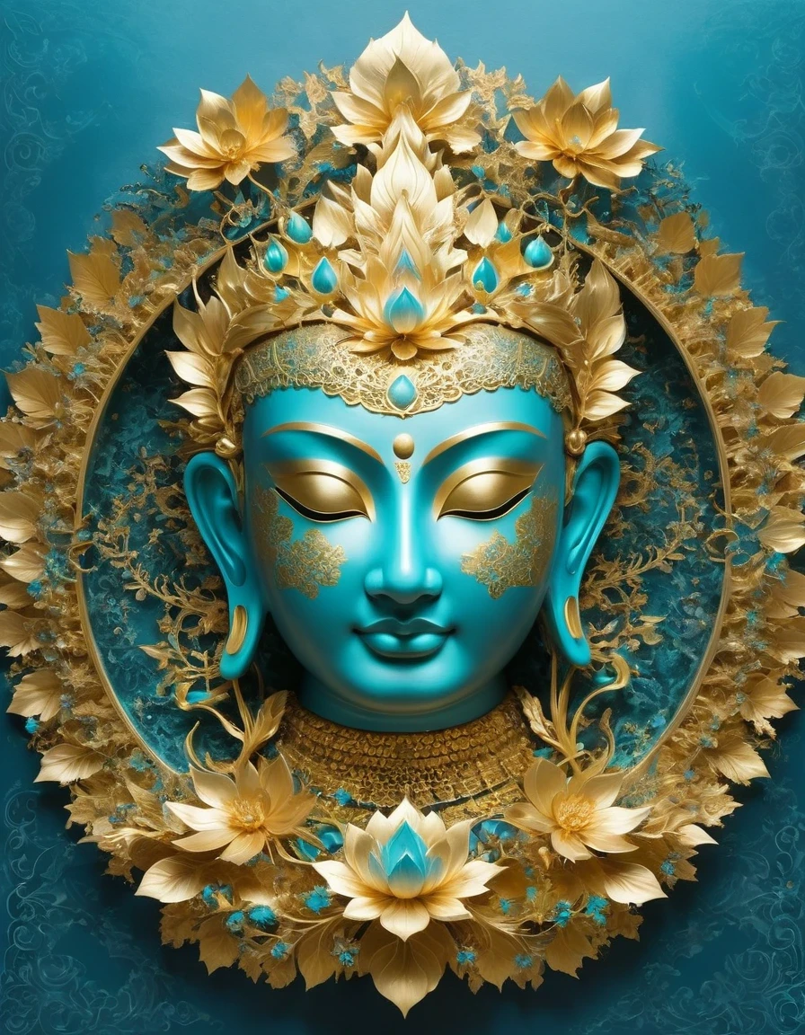 (gold leaf art:1.5)，Imagine a tranquil scene inspired by Buddhist philosophy，A vibrant lotus flower stands against a background of intense turquoise tones。The lotus symbolizes purity and enlightenment，Complex petals bloom，exudes a sense of tranquility。As you gaze deeper into the image，You will notice an arrangement similar to a mandala，The constellations are arranged elegantly。Fusion of Buddhist Symbolism and Astrological Elements，consistency，Induce contemplation and a timeless sense of connection。(The sculpture is surrealist and realist: 1.5), (Kaneko，Blue and white porcelain mask)， (metal wings: 1.2), (futuristic mask: 1.2), (Internet pop kawaii fractal art: 1.6), (Tobias Gramler (Tobias Gramler) Art style，smooth shapes: 1.6), (Organic geometric mixture: 1.6),ultra high resolution: 1.4),(particle effect: 1.4), (depth of field: 1.4), (geometric point abstraction: 1.6), (generative fluid fractal algorithm: 1.6).