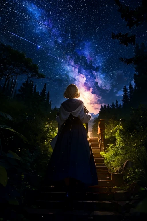 (((masterpiece)))、(((highest quality)))、((Super detailed))、blonde woman，silhouette，in the forest、Illuminated by the moonlight，(piano)、starry sky、milky way，The wind is blowing、