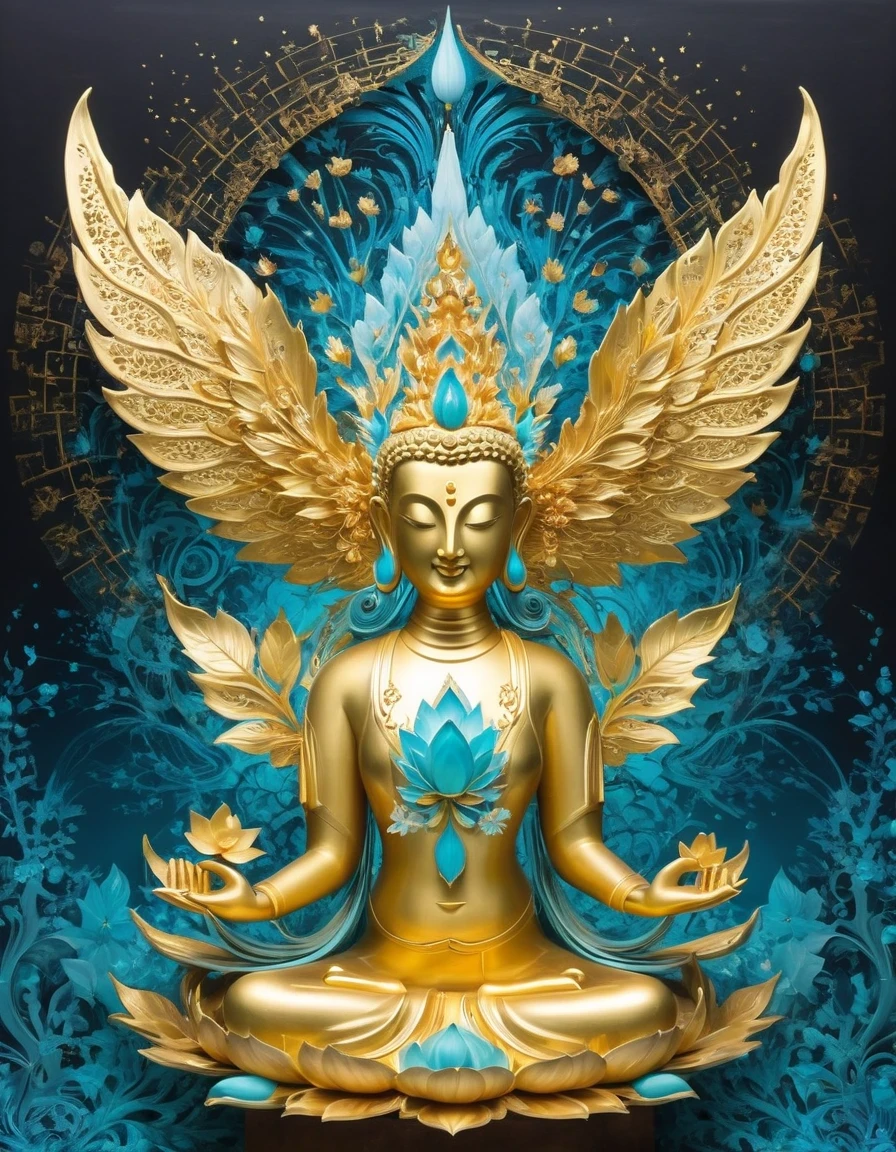(gold leaf art:1.5),Imagine a tranquil scene inspired by Buddhist philosophy,A vibrant lotus flower stands against a background of intense turquoise tones。The lotus symbolizes purity and enlightenment,Complex petals bloom,exudes a sense of tranquility。As you gaze deeper into the image,You will notice an arrangement similar to a mandala,The constellations are arranged elegantly。Fusion of Buddhist Symbolism and Astrological Elements,consistency,Induce contemplation and a timeless sense of connection。(The sculpture is surrealist and realist: 1.5), (Kaneko,Blue and white porcelain mask), (metal wings: 1.2), (futuristic mask: 1.2), (Internet pop kawaii fractal art: 1.6), (Tobias Gramler (Tobias Gramler) Art style,smooth shapes: 1.6), (Organic geometric mixture: 1.6),ultra high resolution: 1.4),(particle effect: 1.4), (depth of field: 1.4), (geometric point abstraction: 1.6), (generative fluid fractal algorithm: 1.6).