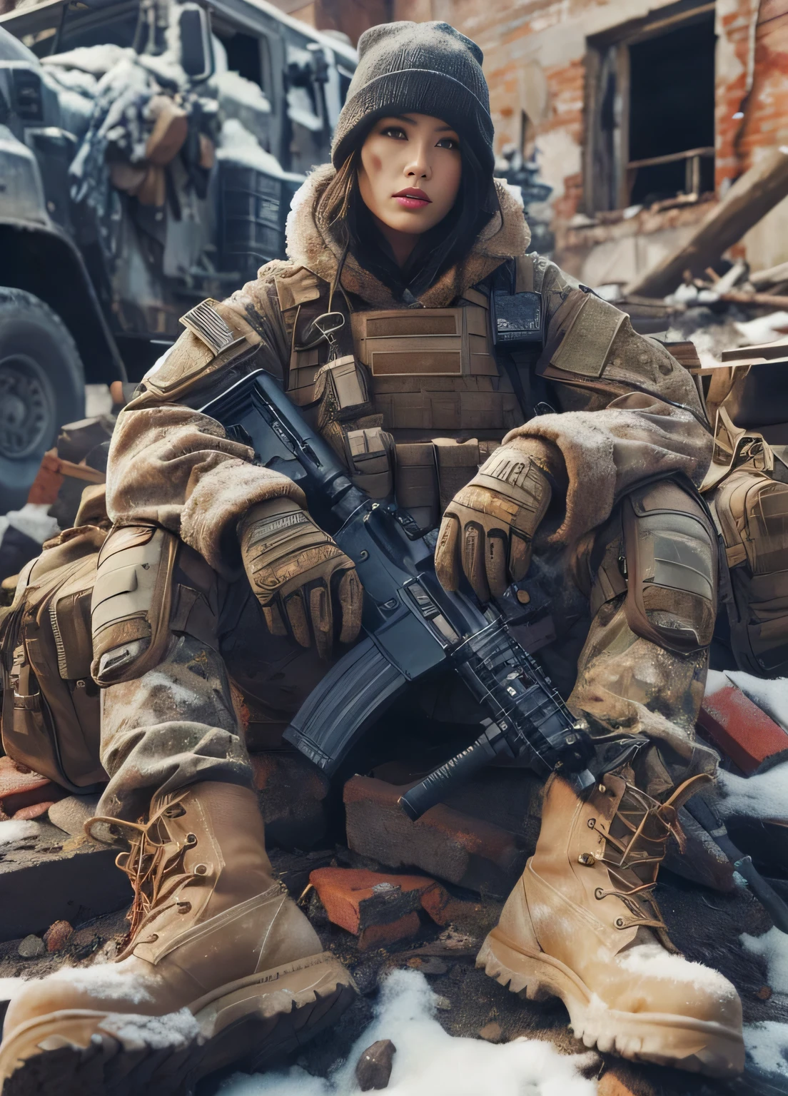 8K,realistic photo、realistic skin texture、A beautiful Japanese woman belonging to the US military is in a snowy city area.、sitting、tired、There are scars on the face、Winter Gear、broken and collapsed building、outdoor、Scattered brick and concrete pieces、bulletproof vest、Holding an automatic rifle、with caution、Backpack、wearing a baseball cap、It is dirty、moving action pose、muscle、Dramatic and bold composition、Burn waste wood to keep warm、bootilitary vehicle、Zoom out