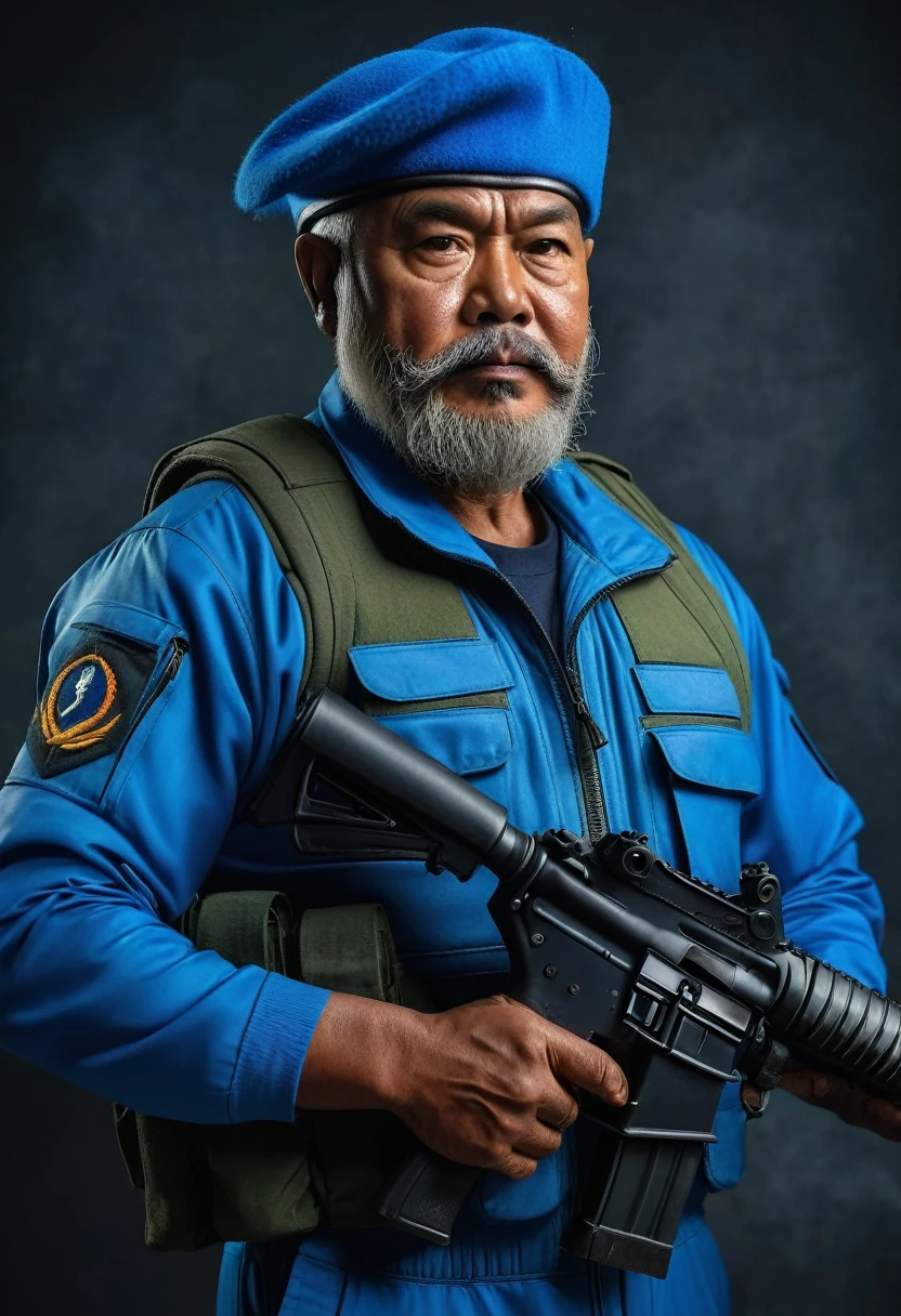 (a dark-skinned bearded fat old man in a blue pilot suit) holding a gun and (wearing blue army beret on his head), muscular, Basuki Abdullah, sumatraism, action, a character portrait, heroic