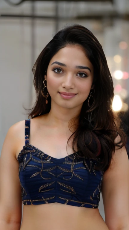 T4mm,face, Tamanna expoaing deep navel, wearing mascara, luscious hair, closed mouth, fair skin, pink plump lips, beautiful attractive face, studio lighting, sharp, high resolution, in a blue crop top.