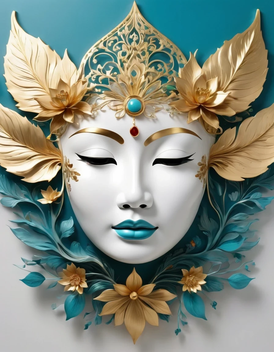 (gold leaf art:1.5),Imagine a tranquil scene inspired by Buddhist philosophy,A vibrant lotus flower stands against a background of intense turquoise tones。The lotus symbolizes purity and enlightenment,Complex petals bloom,exudes a sense of tranquility。As you gaze deeper into the image,You will notice an arrangement similar to a mandala,The constellations are arranged elegantly。Fusion of Buddhist Symbolism and Astrological Elements,consistency,Induce contemplation and a timeless sense of connection。(The sculpture is surrealist and realist: 1.5), (Kaneko,Blue and white porcelain mask), (metal wings: 1.2), (futuristic mask: 1.2), (Internet pop kawaii fractal art: 1.6), (Tobias Gramler (Tobias Gramler) Art style,smooth shapes: 1.6), (Organic geometric mixture: 1.6),ultra high resolution: 1.4),(particle effect: 1.4), (depth of field: 1.4), (geometric point abstraction: 1.6), (generative fluid fractal algorithm: 1.6).