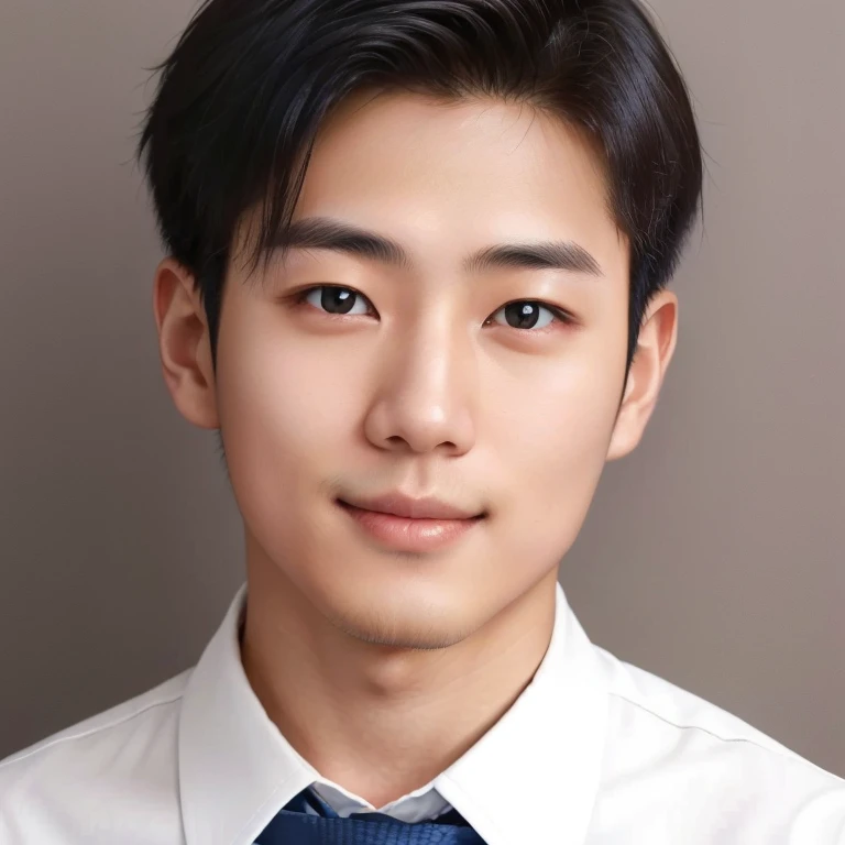 Young Japanese man wearing white shirt and dark blue tie smiling.The corners of the mouth are elongated and slightly raised.Teethless,No double eyelids.The bridge of the nose is thin and straight on both sides.japanese artist,Headshot