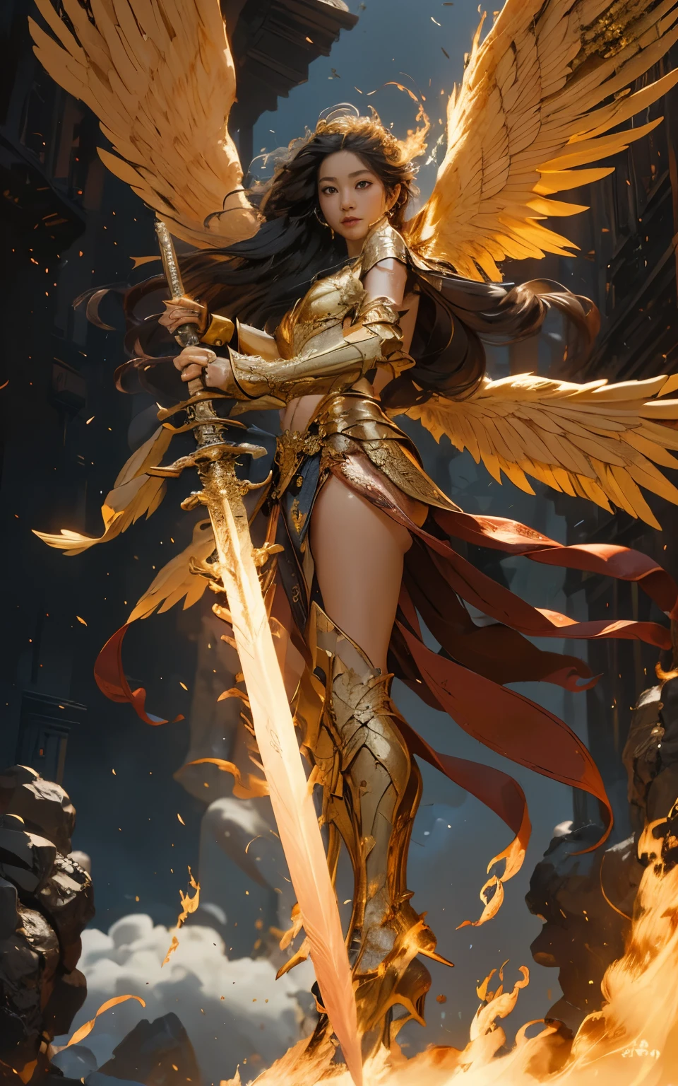 Angel,Super powerful flame Angel flies out of the clouds, behind him，Golden meteor magic surrounds his body, beauty，asian women, Ornate golden armor, flaming dagger，Sword in both hands，Sword up，Sword in both hands于胸前，rich background, Tiangong background, Filming, depth of field, super vision, super vision ,
(Bare shoulders Bare shoulders:1.1)华丽的盔甲Angel的翅膀. Huge Angel wings
