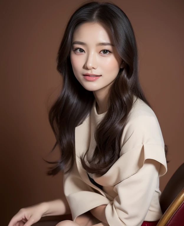 ((top quality, 8K, masterpiece: 1.3)), beautiful girl, pure, oval face, kind and cute, sweet smile, pure desire, slender figure, (front), (tilted head), ((looking at camera) ), Wearing a burgundy suit, Long black silk hair, Long flowing shoulders, Big, round, black eyes, clear big eyes, moist red lips, Sweet, sit on the chair, cafe background ,(((full-body shot))),