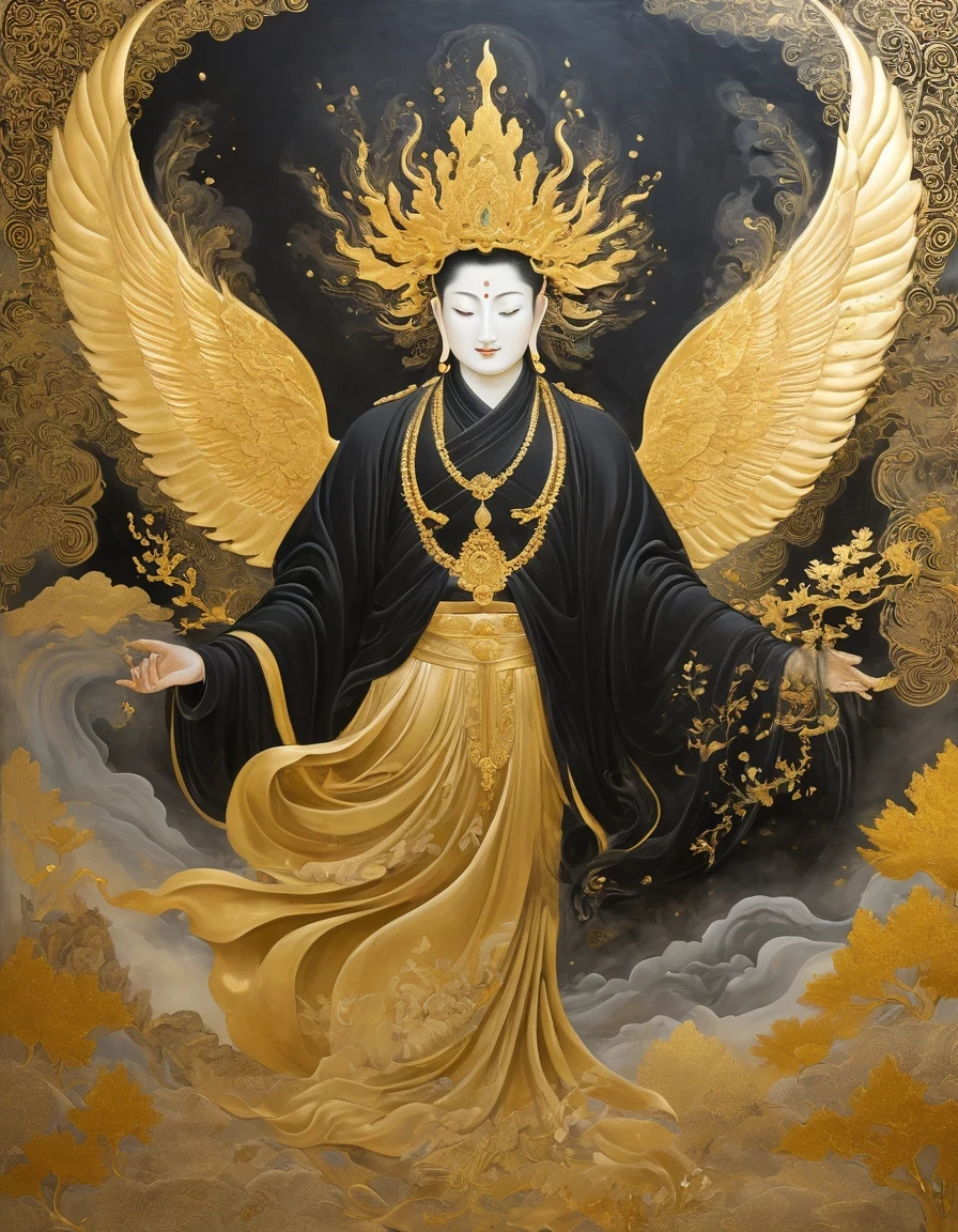 (gold leaf art:1.5)，A black and gold-rimmed giant hand fell from the sky, Dunhuang murals as background, minimalist, line art, From front and center to ghostly smoke, Transition from entity to ghost, Smart, powerful and calm, Rich in details, Psychedelic, fantastic, drama, Chinese ancient style, style, ink painting, fantasy, surreal, ethereal