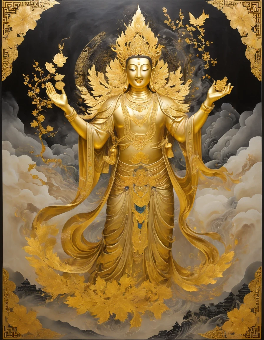 (gold leaf art:1.5)，A black and gold-rimmed giant hand fell from the sky, Dunhuang murals as background, minimalist, line art, From front and center to ghostly smoke, Transition from entity to ghost, Smart, powerful and calm, Rich in details, Psychedelic, fantastic, drama, Chinese ancient style, style, ink painting, fantasy, surreal, ethereal