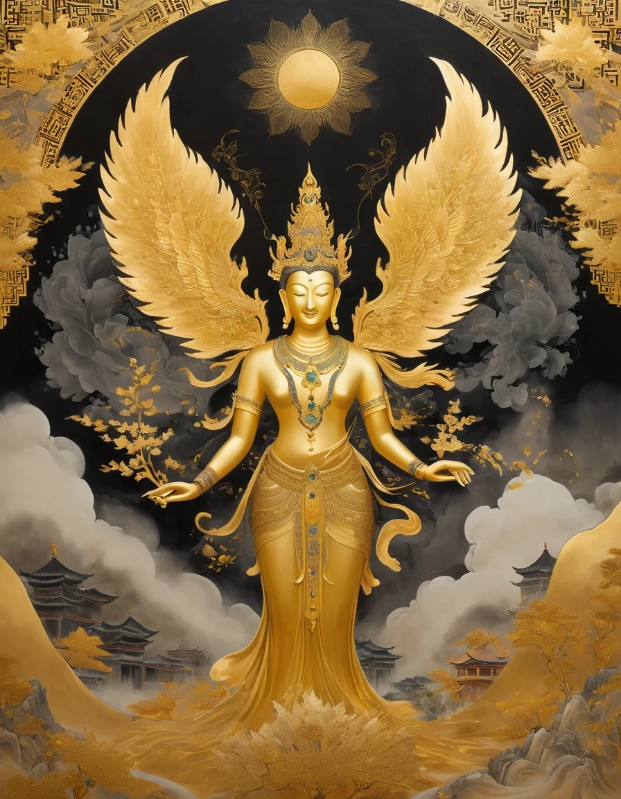 (gold leaf art:1.5)，A black and gold-rimmed giant hand fell from the sky, Dunhuang murals as background, minimalist, line art, From front and center to ghostly smoke, Transition from entity to ghost, Smart, powerful and calm, Rich in details, Psychedelic, fantastic, drama, Chinese ancient style, style, ink painting, fantasy, surreal, ethereal