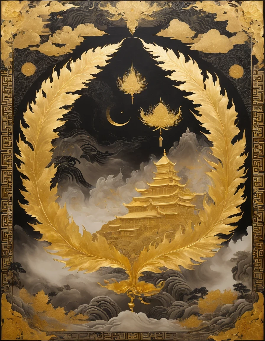 (gold leaf art:1.5)，A black and gold-rimmed giant hand fell from the sky, Dunhuang murals as background, minimalist, line art, From front and center to ghostly smoke, Transition from entity to ghost, Smart, powerful and calm, Rich in details, Psychedelic, fantastic, drama, Chinese ancient style, style, ink painting, fantasy, surreal, ethereal