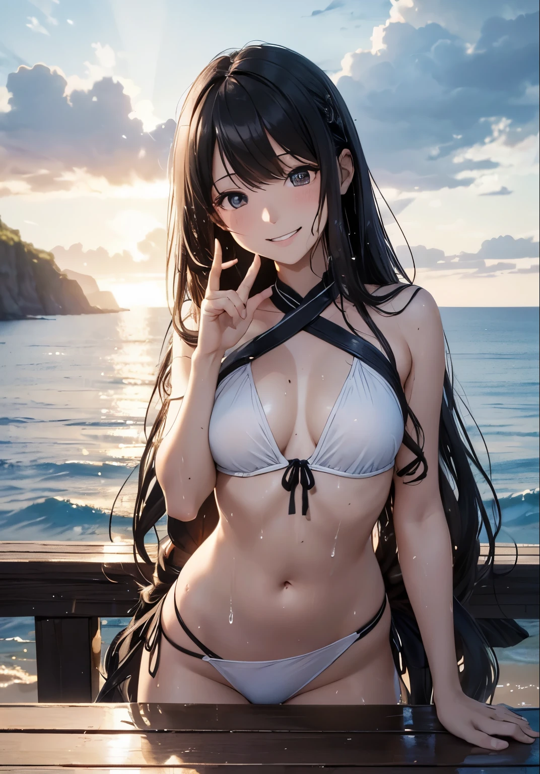 (table top:1.2), (highest quality:1.2), beautiful artwork,(Highly detailed CG Unity), (8k wallpaper)、(exquisite light and shadow)、(A very dramatic picture)、(cinematic lens effects)、 Teenage girl on the beach,(スクールwater着), 1 girl, (スクールwater着:1.3), alone, ワンピースwater着, outdoor, long hair, Wet, covered navel, water, black hair, (big smile), (brown eyes), small breasts, (Wet:1.1),(straggling hair), (water着が濡れています),(Lens flare:1.1),(Sweat),black hair,(Twist the waist:1.1),(Tilt Head 1.1),(big smile),detailed and beautiful eyes,(Five fingers),(Correct finger),