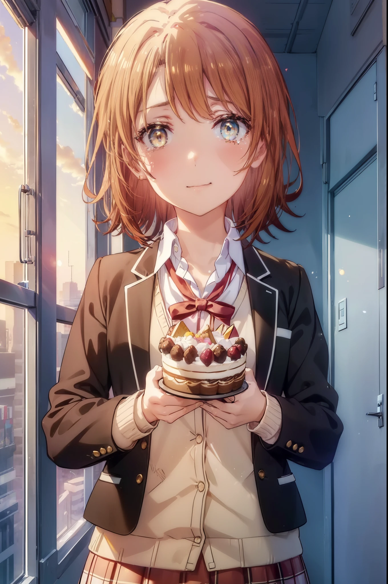 irohaisshiki, Isshiki Iroha, short hair, brown hair, (Brown ruby eyes:1.5), smile,blush,Tears running down her face,Tears of joy、I cry a lot、break skirt, shirt, ribbon, , Jacket, white shirt, open clothes, socks, open Jacket, black Jacket, plaid, knee high, plaid skirt, blazer, cardigan, black socks, pink cardigan,Holding a large bouquet in both hands ,birthday,A birthday cake is on the table,confetti,evening,sunset,The sun is setting,
break indoors,School classroom ,
break looking at viewer,Upper body,(cowboy shot:1. 3)
break (masterpiece:1.2), highest quality, High resolution, unity 8k wallpaper, (shape:0.8), (beautiful and detailed eyes:1.6), highly detailed face, perfect lighting, Very detailed CG, (perfect hands, perfect anatomy),