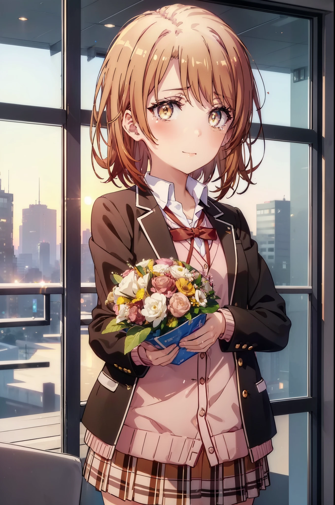 irohaisshiki, Isshiki Iroha, short hair, brown hair, (Brown ruby eyes:1.5), smile,blush,Tears running down her face,Tears of joy、I cry a lot、break skirt, shirt, ribbon, , Jacket, white shirt, open clothes, socks, open Jacket, black Jacket, plaid, knee high, plaid skirt, blazer, cardigan, black socks, pink cardigan,Holding a large bouquet in both hands ,birthday,A birthday cake is on the table,confetti,evening,sunset,The sun is setting,
break indoors,School　classroom ,
break looking at viewer,Upper body,(cowboy shot:1. 3)
break (masterpiece:1.2), highest quality, High resolution, unity 8k wallpaper, (shape:0.8), (beautiful and detailed eyes:1.6), highly detailed face, perfect lighting, Very detailed CG, (perfect hands, perfect anatomy),