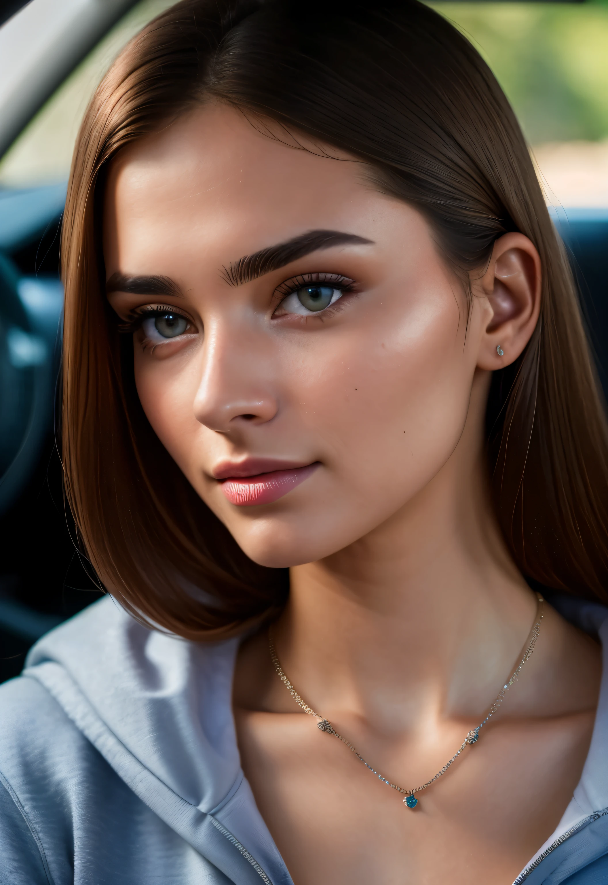 Raw-Photo, 22 year old girl, upper body, the face and décolleté are fully visible, looks at the camera, blue sweatshirt, (raekmbr-2650:0.9), (r4ec4mbr4:0.95), (1 girl), (realistic), (photo-realistic:1.5), inside the car, driving, pomade, long hair, Brown hair, necklace, (Raw-Photo, 8 k uhd, granularity), sharp eyeliner, Blush for eyes with thick eyelashes, very gentle and beautiful, 8 k, Soft lighting, high quality, A high resolution, sharp focus, extremely detailed, During the day, (sunlight on the face), Beautiful detailed eyes, extremely detailed eyes and face, masterpiece, cinematic lighting, (highly detailed skin:1.2), 8 k uhd, SLR camera, Soft lighting, high quality, granularity, Fujifilm XT3
