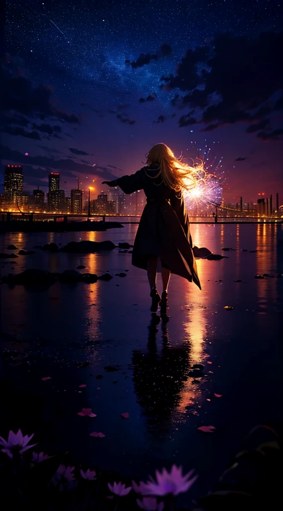 １people,Blonde long-haired woman，long coat， Dress Silhouette， Rear view，Space Sky, comet, anime style, dancing petals，Night view of the town across the river from the beach，