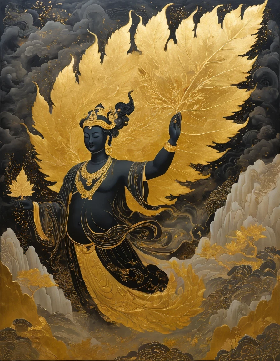 (gold leaf art:1.5)，A black and gold-rimmed giant hand fell from the sky, Dunhuang murals as background, minimalist, line art, From front and center to ghostly smoke, Transition from entity to ghost, Smart, powerful and calm, Rich in details, Psychedelic, fantastic, drama, Chinese ancient style, style, ink painting, fantasy, surreal, ethereal