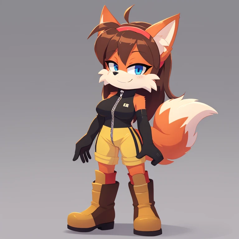 Fiona Fox, solo, cute, long white gloves, breasts, blue eyes, boots, zipper, outline, standing, bangs, full body, brown hair, orange footwear, medium breasts, sleeveless, long hair, looking at viewer, border, white outline, red fur, half-closed eyes, short jumpsuit, elbow gloves, fox tail, two-tone fur, smile, hairband, closed mouth, shiny, flipped hair, gradient, fox ears, bodysuit, bare shoulders, body fur, grey background, knee boots, simple background