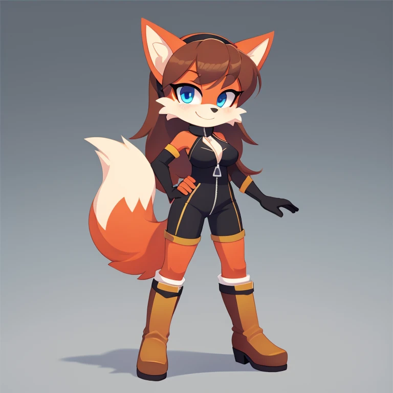 Fiona Fox, solo, cute, long white gloves, , blue eyes, boots, zipper, outline, standing, bangs, full body, brown hair, orange footwear, , sleeveless, long hair, looking at viewer, border, white outline, red fur, half-closed eyes, short jumpsuit, elbow gloves, fox tail, two-tone fur, smile, hairband, closed mouth, shiny, flipped hair, gradient, fox ears, ,  shoulders, body fur, grey background, knee boots, simple background