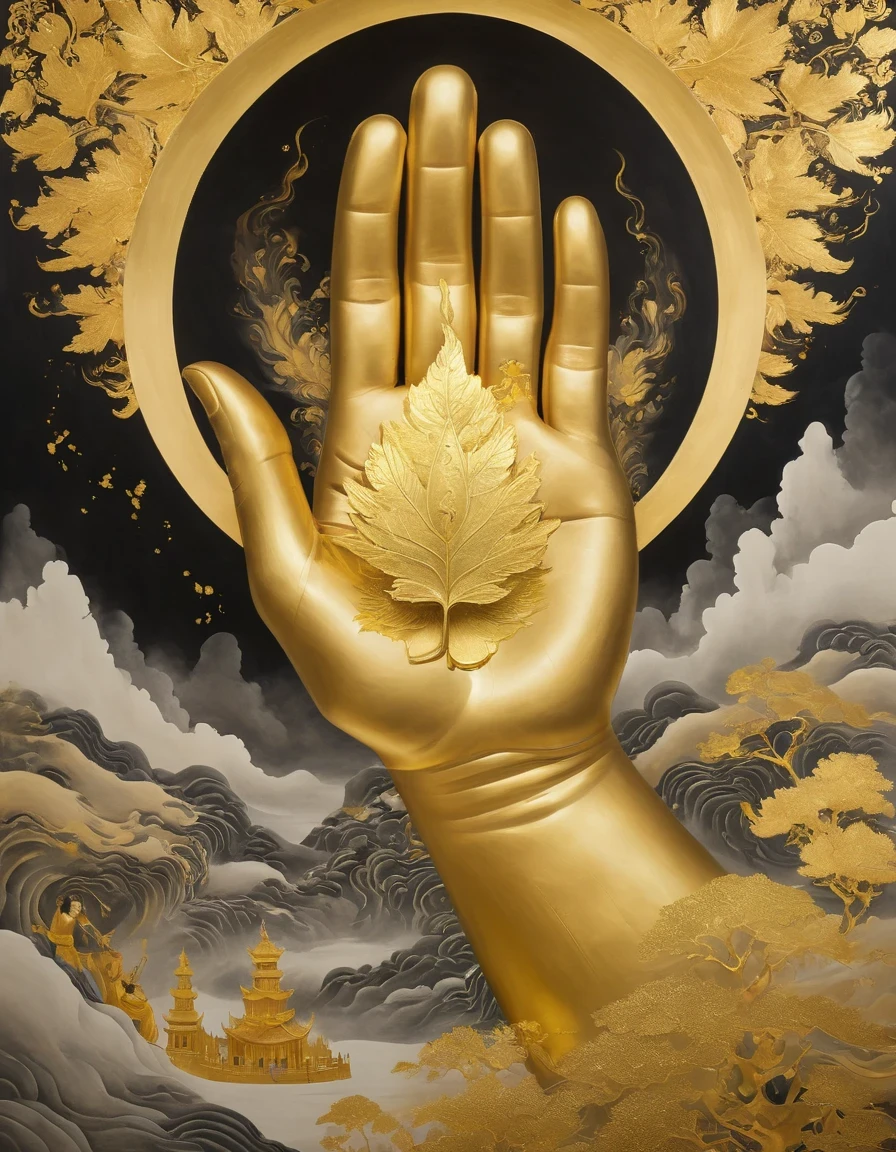 (gold leaf art:1.5)，A black and gold-rimmed giant hand fell from the sky, Dunhuang murals as background, minimalist, line art, From front and center to ghostly smoke, Transition from entity to ghost, Smart, powerful and calm, Rich in details, Psychedelic, fantastic, drama, Chinese ancient style, style, ink painting, fantasy, surreal, ethereal