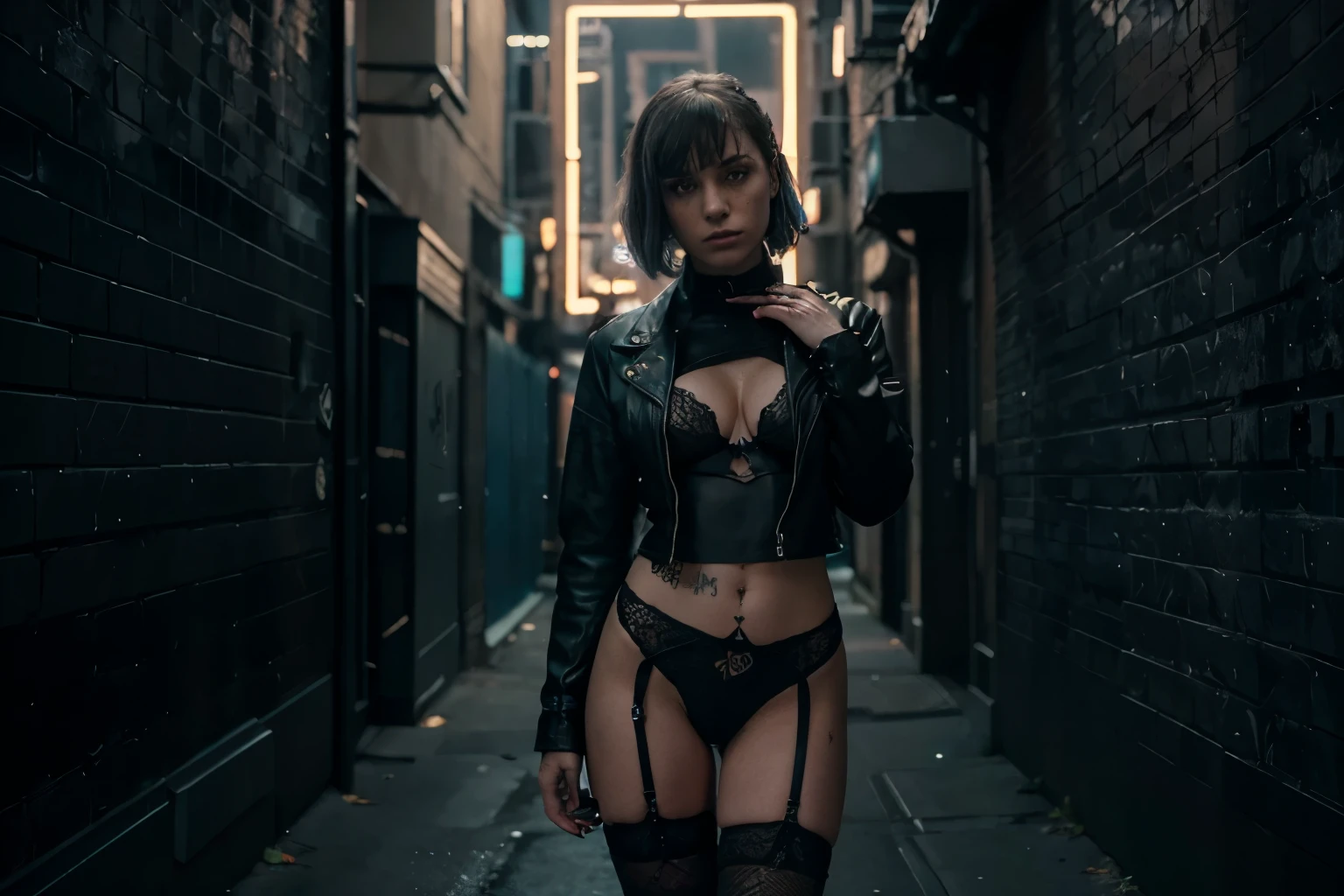 (Best Quality,hight resolution,Masterpiece, full body shot:1.2),Ultra-detailed, woman dressed in leather jacket and lace lingerie, standing in a alley at night, teal neon lights, piercings and tattoes,fetish,dark fashion photography, punk woman, high waisted thong and fishnet stockings, gritty texture,warped reality,melancholic expression on her face,mysterious aura, dark atmosphere, noir scenario, ominous vibe,A supernatural sensation,Loss of Place in Time and Space,Eerie silence.asymmetrical bangs, freckles, blonde short hair, Bangs, freckles, gray eyes,