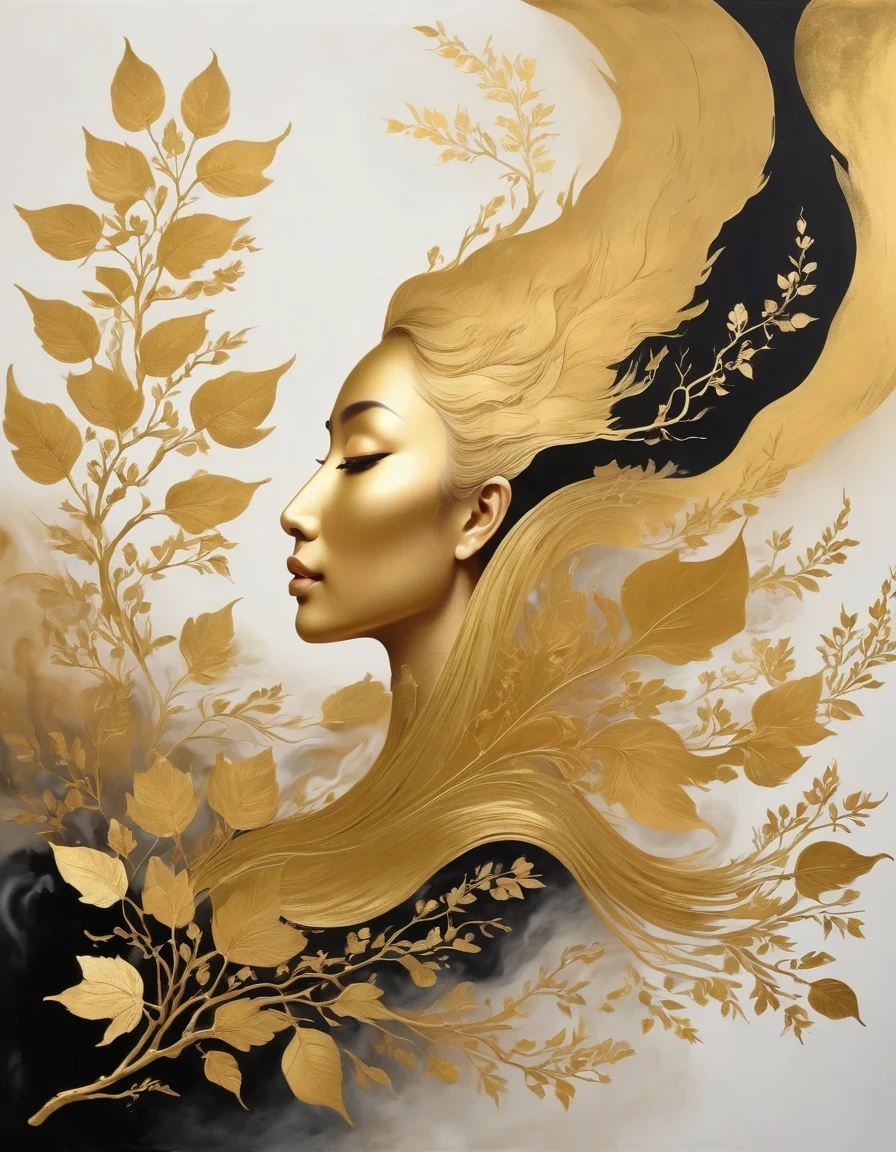 (gold leaf art:1.5)，A black and gold-rimmed giant hand fell from the sky, Dunhuang murals as background, minimalist, line art, From front and center to ghostly smoke, Transition from entity to ghost, Smart, powerful and calm, Rich in details, Psychedelic, fantastic, drama, Chinese ancient style, style, ink painting, fantasy, surreal, ethereal