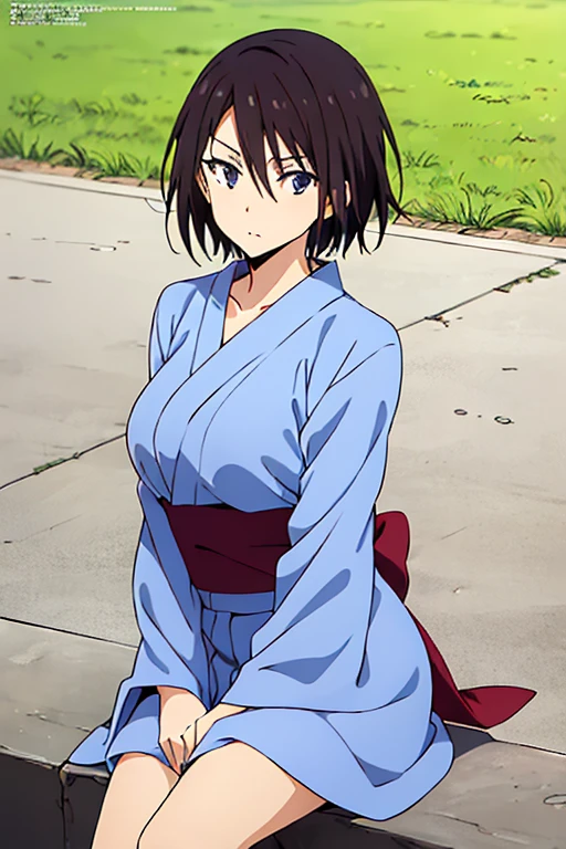 (anime cels style, Masterpiece, best quality, high resolution, anime colored, megami magazine:1.2, anime poster style, anime keyvisual, sharp, 8k, photorealistic), (beautiful eyes:1.5), sakaguchihinata\(ttigraas\), 1girl, cute, black hair, short hair, large breast, cleavage, (haoli, yukata:1.5), cowboy shot, (sitting, yokozuwari), (perfect detailed anatomy, perfect arms, perfect fingers, beautiful face, perfect body, shiny skin),