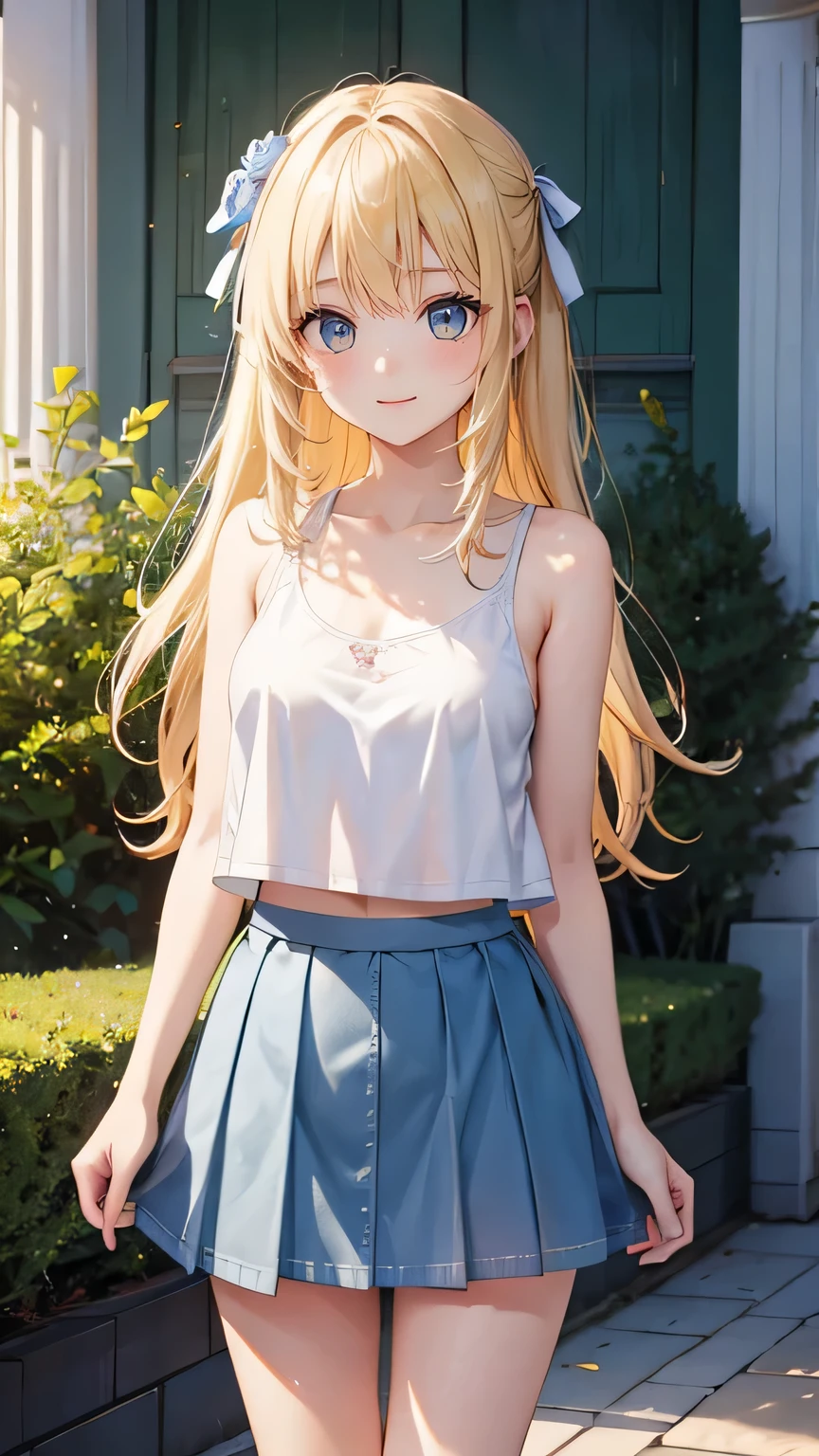 very cute girl、(10 years old)、light yellow hair、Long Straight Hair、Bangs are too close to the eye、Light Blue Eye、(Normal human ear)、thin arms、Beautiful body、slim legs、large, well-shaped breasts,、clear white skin、smile、(Open-chested tank top、mini skirt、White and blue)、I know the shape of the nipples、(rose garden)、Super high quality、digital single lens reflex、