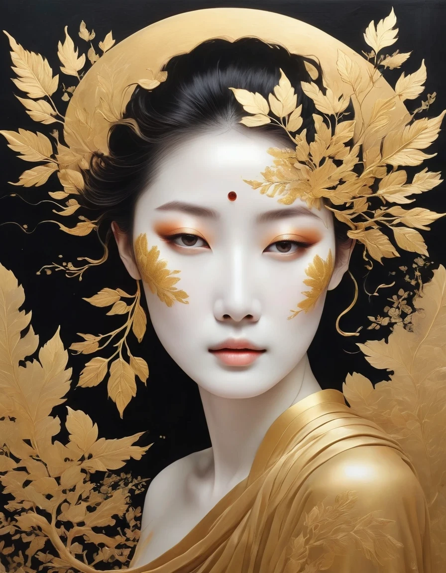 (gold leaf art:1.5)，A black and gold-rimmed giant hand fell from the sky, Dunhuang murals as background, minimalist, line art, From front and center to ghostly smoke, Transition from entity to ghost, Smart, powerful and calm, Rich in details, Psychedelic, fantastic, drama, Chinese ancient style, style, ink painting, fantasy, surreal, ethereal