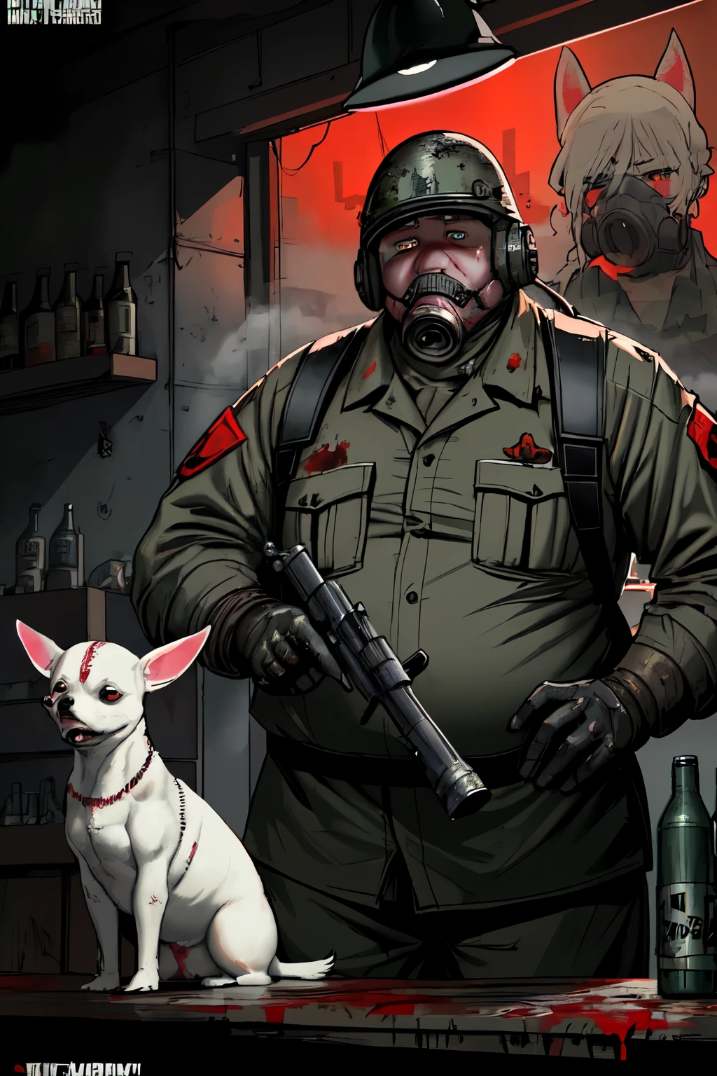 fat soldier man stalker bartender in stalker and soldier gear, now holding a white chihuahua with a mad look and unusually big bloody teeth, set against an eerie backdrop of red fog bar bottle and canned food and ambient lighting, comics and anime style

  closeup
post-apocalyptic
helmet
gas mask
 dramatic lighting 
  Dariusz Zawadzki
realistic face
(masterpiece, best quality)