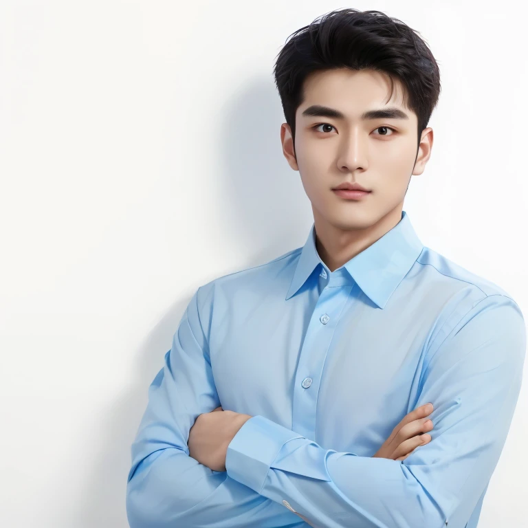 Arafad man in blue shirt standing with arms crossed, Wearing a light blue shirt, korean artist, yanjun chengt, Handsome Chad Chin, Professional profile photo, Asian men, Korean male, Company photos, Zheng Zhongyuan, Mr. Cao, handsome man, handsome guy, Liu Zhanzhu, Asian, publicity portrait, Liu Stanley