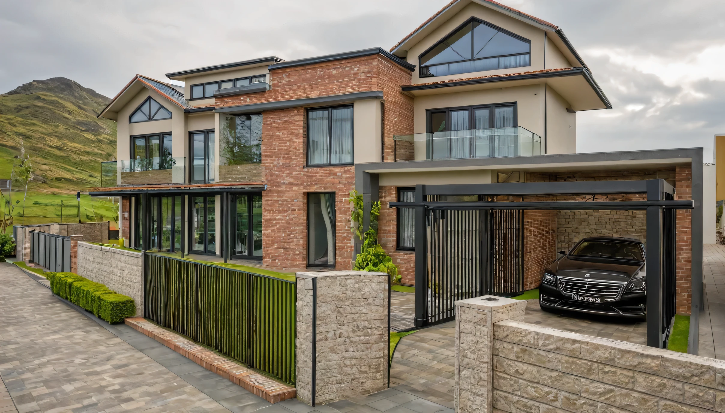 a homestay house, exterior, outdoors, glass railing, flower, garden, car, Granite cladding of wall, brick wall, street, gate, grass, garden, garage, the gate is made of steel.