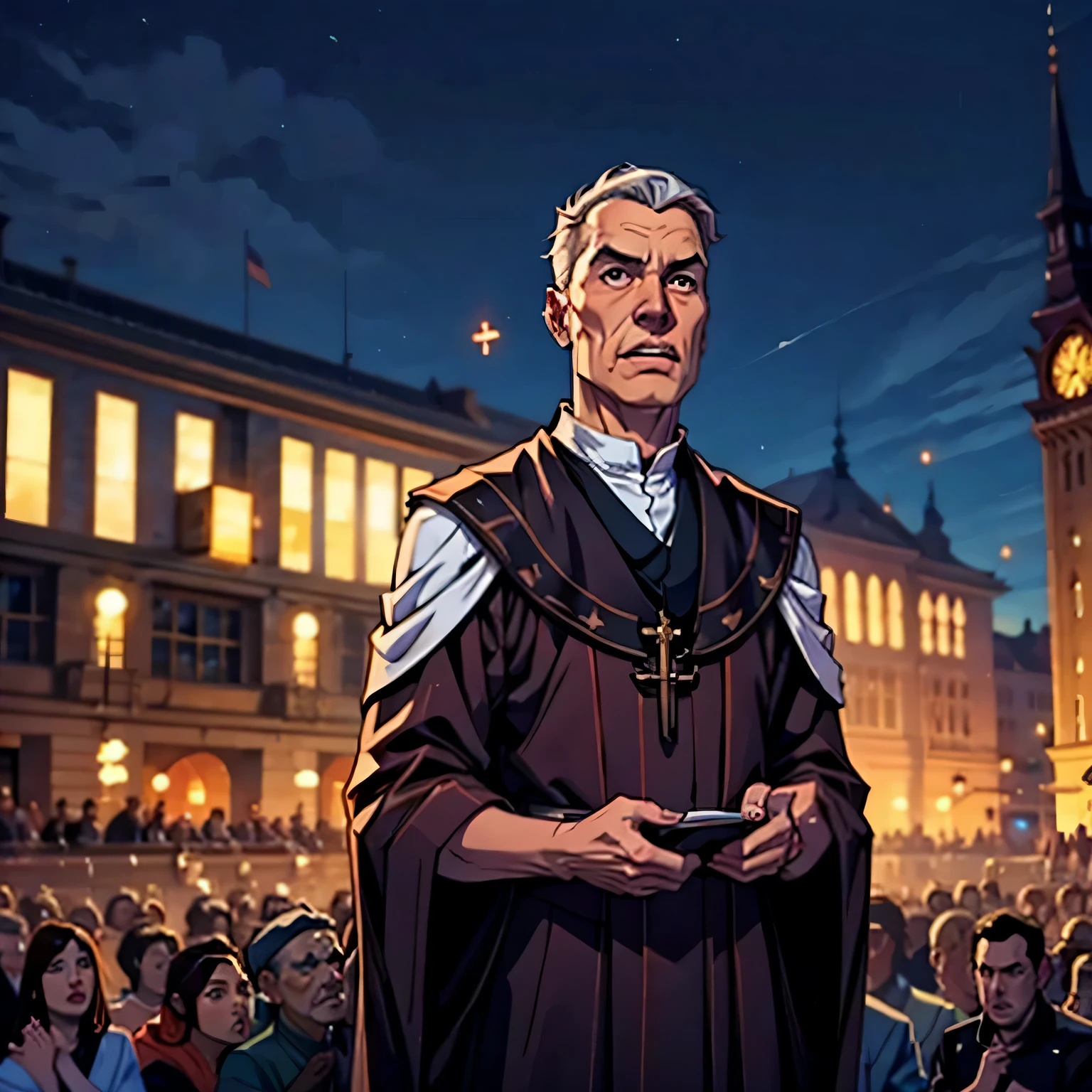 better quality image, priest speaking to a crowd in a public square