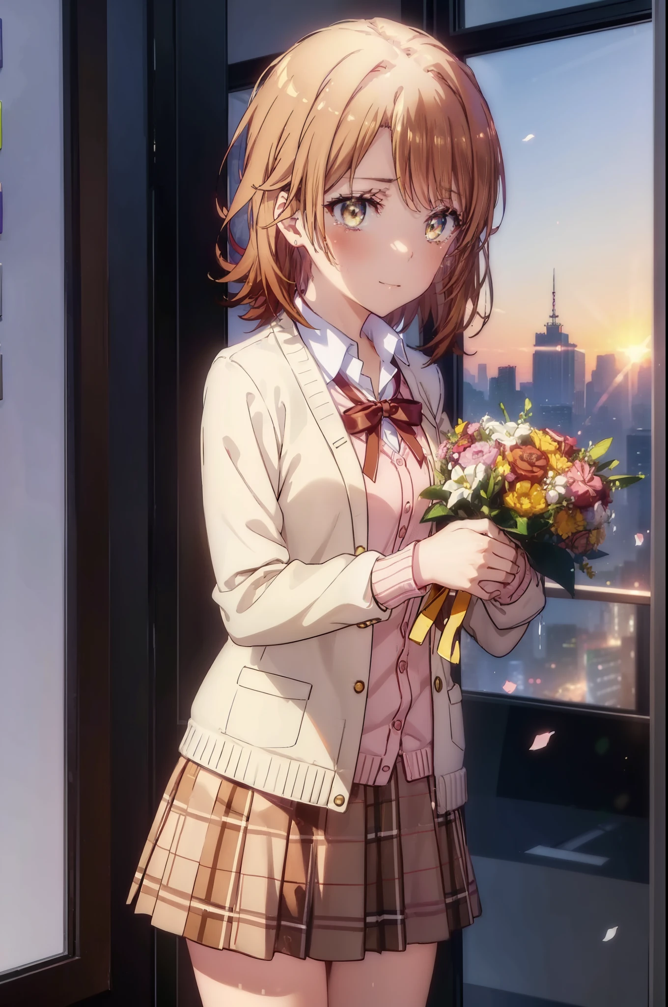 irohaisshiki, Isshiki Iroha, short hair, brown hair, (Brown ruby eyes:1.5), smile,blush,Tears running down her face,Tears of joy、I cry a lot、break skirt, shirt, ribbon, , Jacket, white shirt, open clothes, socks, open Jacket, black Jacket, plaid, knee high, plaid skirt, blazer, cardigan, black socks, pink cardigan,Holding a large bouquet in both hands ,birthday,A birthday cake is on the table,confetti,evening,sunset,The sun is setting,
break indoors,School　classroom ,
break looking at viewer,Upper body,(cowboy shot:1. 3)
break (masterpiece:1.2), highest quality, High resolution, unity 8k wallpaper, (shape:0.8), (beautiful and detailed eyes:1.6), highly detailed face, perfect lighting, Very detailed CG, (perfect hands, perfect anatomy),