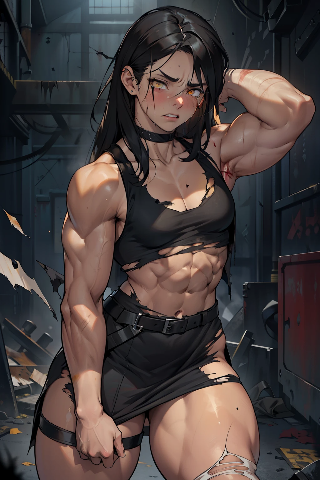 pale skin black hair yellow eyes, solo, (((small breasts))), navel, abs, long hair, midriff, ((torn clothes)), bruised, bruises, ((bleeding)), ((bruise)), (tears), crying, (tan), from behind, (((((muscular))))), (((((thick thighs))))), (((black dress)))