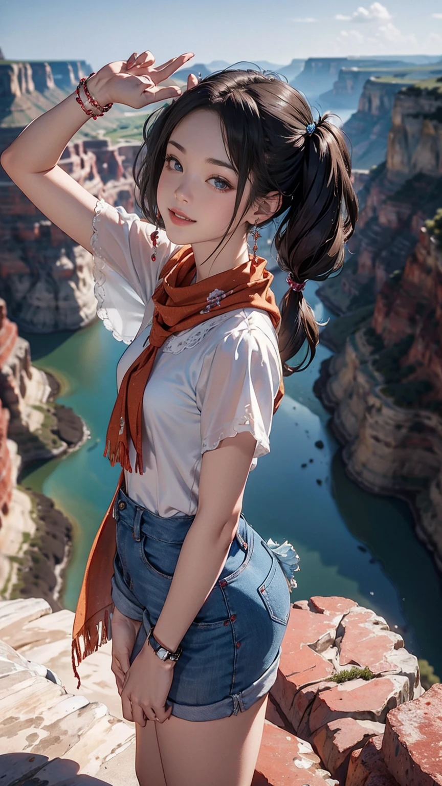 ((最high quality, 8K, masterpiece: 1.3, Ultra HD, high quality, 最high quality, High resolution, realism)) 、25 year old white woman、blue eyes、long hair、smile、slender、slenderだがアスリートのような細マッチョ、I don't want my head to disappear from the screen.、Wear accessories on your wrist、Wearing red nail polish、I have a peticure、aerial perspective((atmospheric perspective))、smile((smiley))、background blur((depth of field)、crystal earrings((crystal earrings))、Dark Blonde、short twin tails((short twintails))、Scarf Tie Blouse((scarf tie brouse))wear、Wear low rise skinny jeans、Wear sneakers、At the edge of the Grand Canyon、Below you can see the river carved into the rocks.、The blue sky is beautiful、put your hands on your hips、selfie、smile