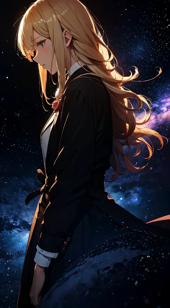 1people々々,blonde long hair,long coat,silhouette, Rear view,Space Sky, milky way, anime style, Rose,Rose,night,辺り一面に舞うRoseの花びら,山腹から見た街のnight景,