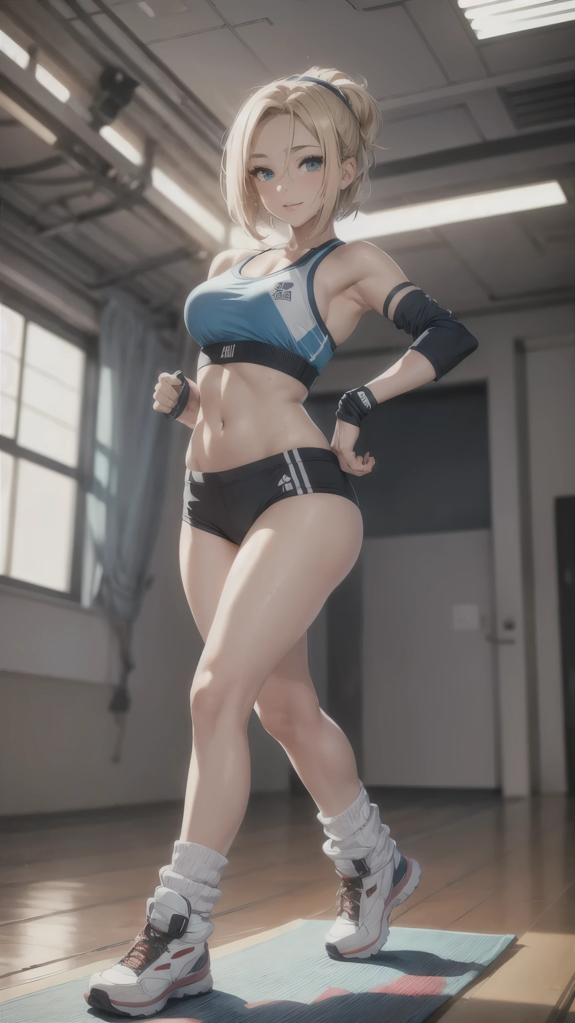 (best quality,4k,8k,highres,masterpiece:1.2),ultra-detailed,(realistic,photorealistic,photo-realistic:1.37),full body,beautiful detailed eyes,beautiful detailed lips,extremely detailed eyes and face,longeyelashes,lean and fit body,confident smile,energetic pose,attractive appearance,colorful background,vibrant colors,studio lighting,bokeh,female artist, girl,professional,blonde short bob hair,((forehead band)),aerobics instructor,grin,sweat,active lifestyle,sporty look,sports bra,shorts,((socks,race-up-long-boots)),flexible movements,slenderness body,shiny texture,sculpted figure,progressive fitness environment,positive attitude,healthy glow,fitness motivation,dedicated trainer