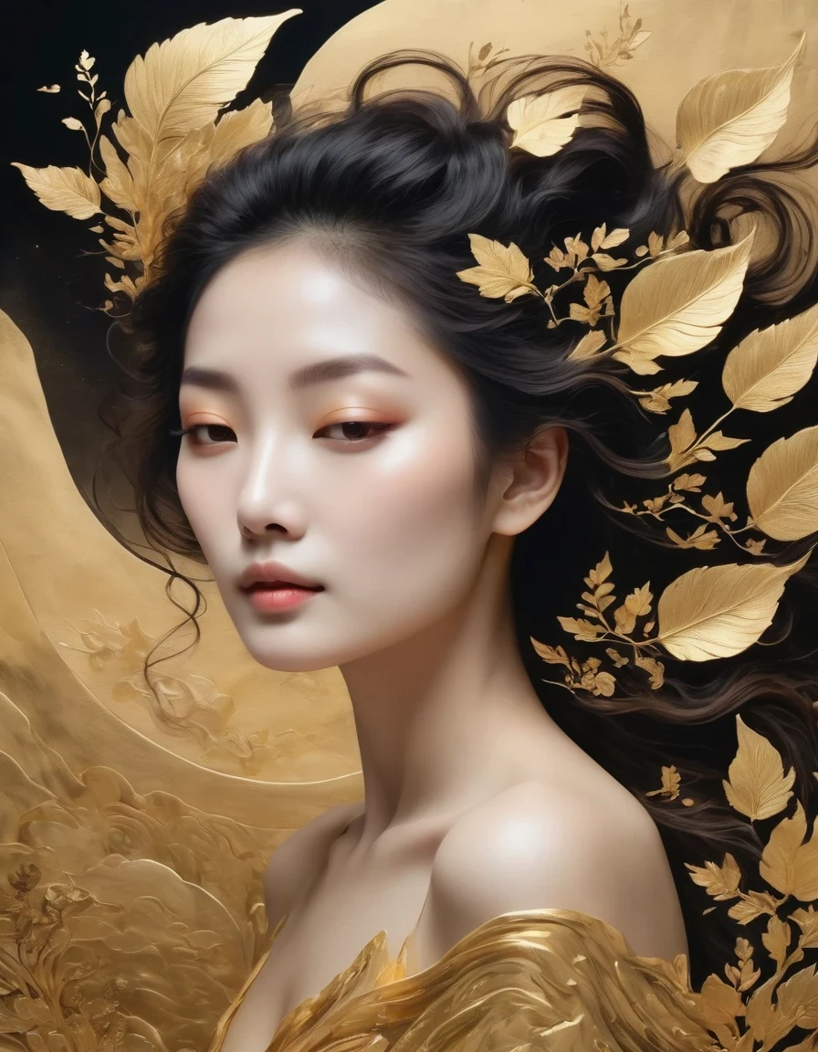 (gold leaf art:1.5)，A black and gold-rimmed giant hand fell from the sky, Dunhuang murals as background, minimalist, line art, From front and center to ghostly smoke, Transition from entity to ghost, Smart, powerful and calm, Rich in details, Psychedelic, fantastic, drama, Chinese ancient style, style, ink painting, fantasy, surreal, ethereal