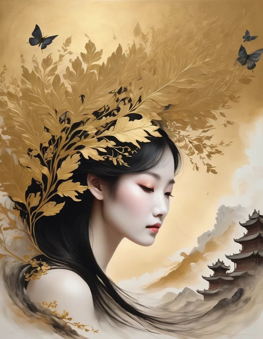 (gold leaf art:1.5)，A black and gold-rimmed giant hand fell from the sky, Dunhuang murals as background, minimalist, line art, From front and center to ghostly smoke, Transition from entity to ghost, Smart, powerful and calm, Rich in details, Psychedelic, fantastic, drama, Chinese ancient style, style, ink painting, fantasy, surreal, ethereal