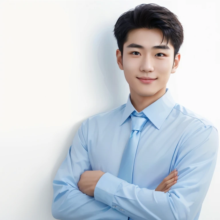 Young Japanese man wearing white shirt and dark blue tie smiling.The corners of the mouth are elongated and slightly raised.Teethless,No double eyelids.The bridge of the nose is thin and straight on both sides.japanese artist,Headshot
