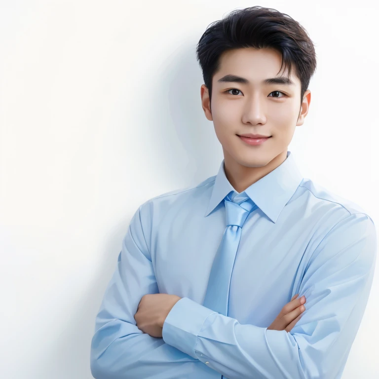 Young Japanese man wearing white shirt and dark blue tie smiling.The corners of the mouth are elongated and slightly raised.Teethless,No double eyelids.The bridge of the nose is thin and straight on both sides.japanese artist,Headshot