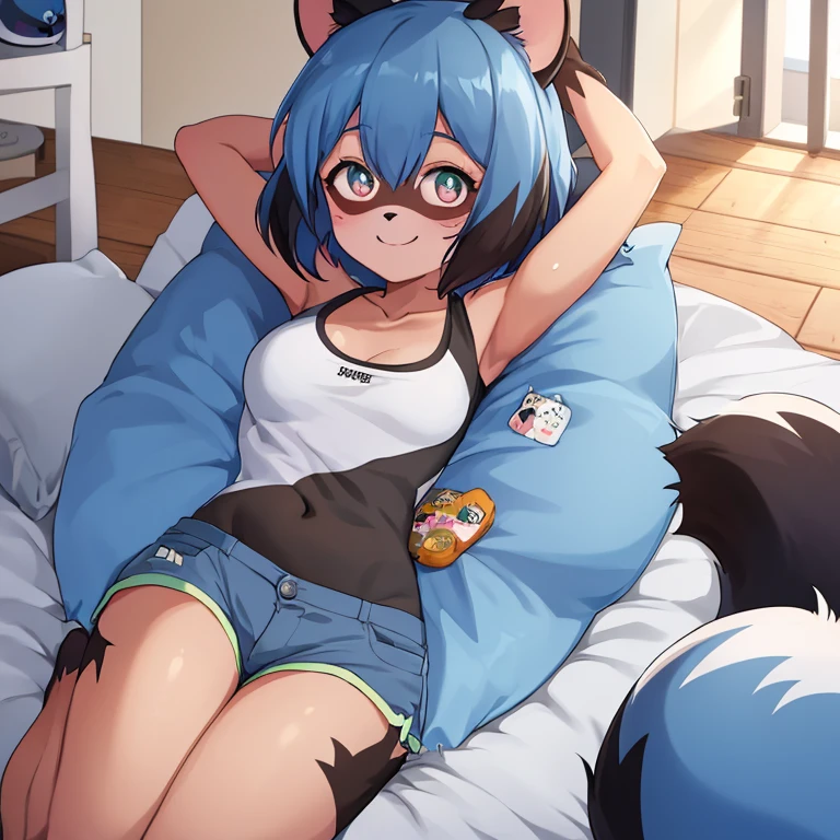 ( Shark, furry, anthropomorphic, female, blue skin, whole body, Best quality, human like body figure), bedroom background, inside, pulled down black jogging shorts, Furry art, furry arms, big grey shark tail, Big floofy tail, black fur legs, Noon, blue hair, wearing glasses, Bigger thighs, Bigger chest, blushed, gas air effect, hearts, pleasure face, sfw, topless, breasts, hand touching crotch, laying on back, on bed, legs spread, arm covering breasts