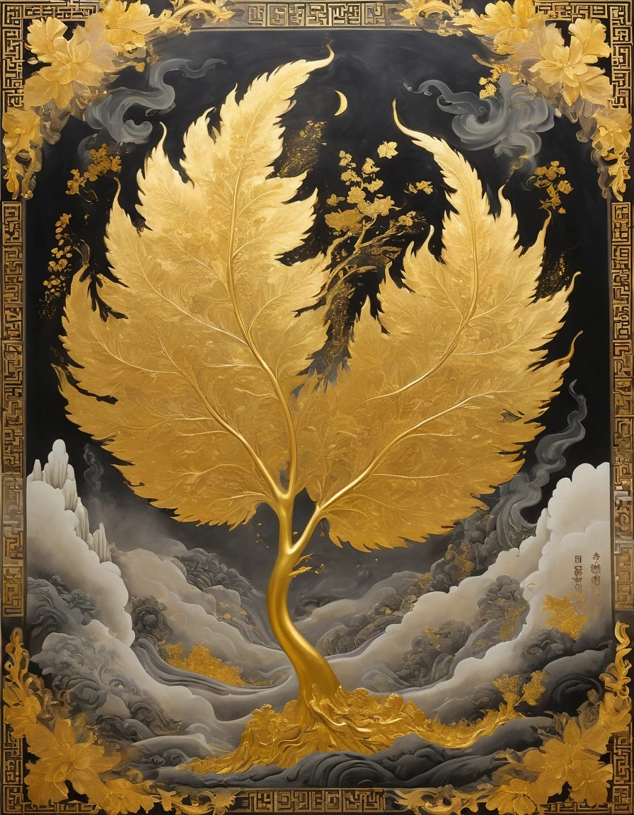 (gold leaf art:1.5)，A black and gold-rimmed giant hand fell from the sky, Dunhuang murals as background, minimalist, line art, From front and center to ghostly smoke, Transition from entity to ghost, Smart, powerful and calm, Rich in details, Psychedelic, fantastic, drama, Chinese ancient style, style, ink painting, fantasy, surreal, ethereal