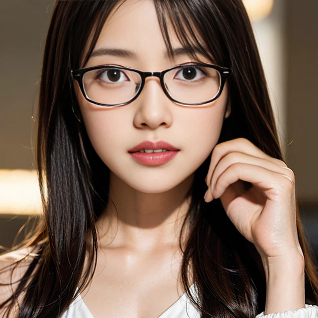(Highest image quality: 1.4), masterpiece, realistic, (Detailed face: 1.2), beautiful woman, wearing glasses, Lifelike face, clear and sharp eyes through the glasses, intricate detail, ultra-realistic rendering, high definition, accurate simulation of light-matter interactions, perfect proportions, (glasses frame in focus), absent background, brown hair, natural skin tones, rule of thirds, (clear lenses: 1.3), two-tone lighting, wide aperture, low ISO, White balance.