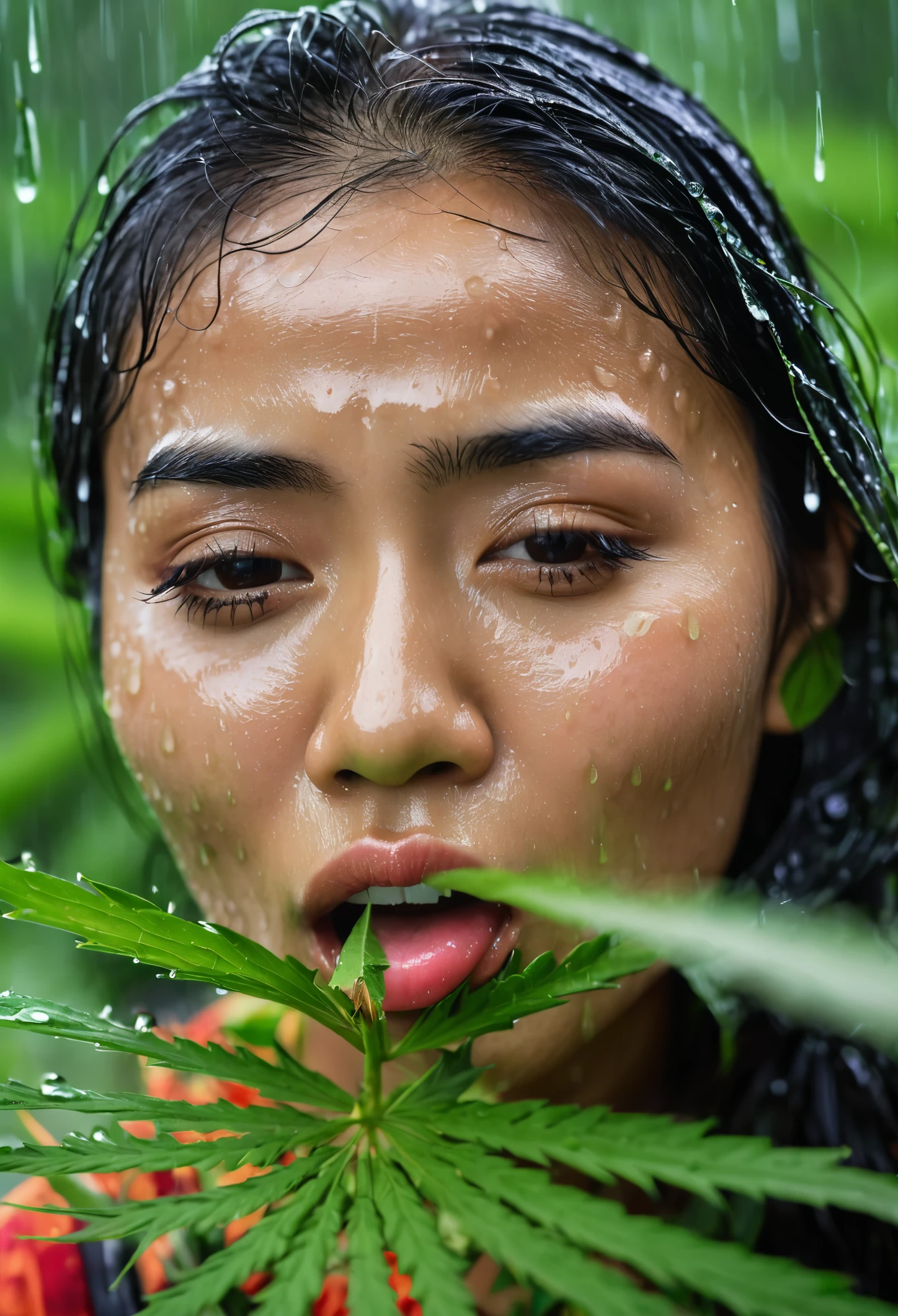 Photography indonesian woman with an expression [biting her lower lip while open her eyes], in rain, through a cannabis leaf view.