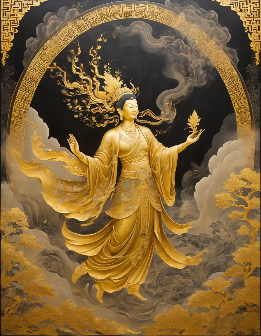 (gold leaf art:1.5)，A black and gold-rimmed giant hand fell from the sky, Dunhuang murals as background, minimalist, line art, From front and center to ghostly smoke, Transition from entity to ghost, Smart, powerful and calm, Rich in details, Psychedelic, fantastic, drama, Chinese ancient style, style, ink painting, fantasy, surreal, ethereal