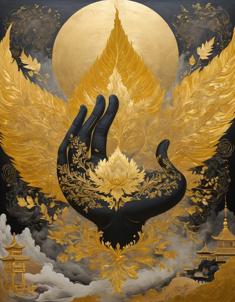 (gold leaf art:1.5)，A black and gold-rimmed giant hand fell from the sky, Dunhuang murals as background, minimalist, line art, From front and center to ghostly smoke, Transition from entity to ghost, Smart, powerful and calm, Rich in details, Psychedelic, fantastic, drama, Chinese ancient style, style, ink painting, fantasy, surreal, ethereal