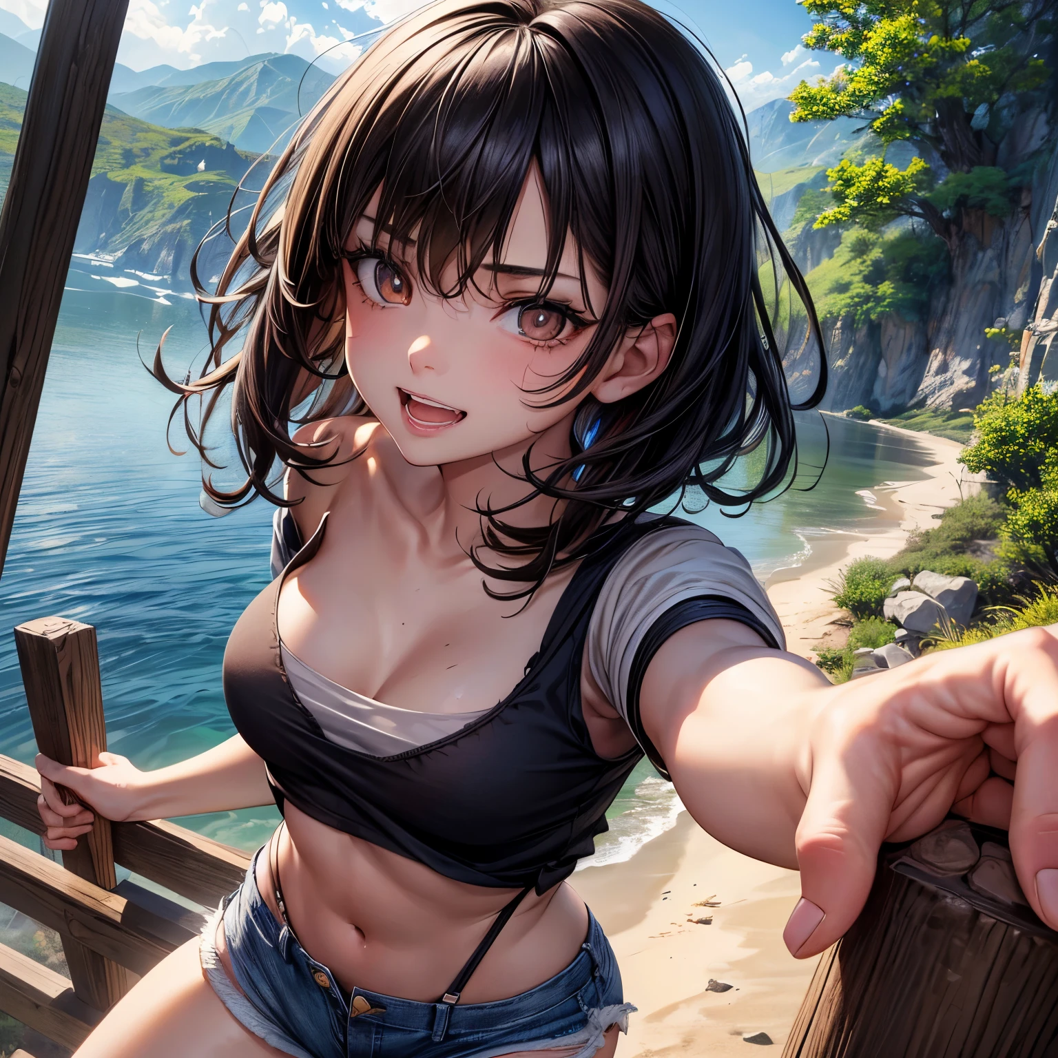 1 girl, 18 years old, black hair, bangs between the eyes, messy hair, medium hair, symmetrical hair, (( brown eyes, dilated pupils, bright eyes )), clenched teeth, open mouth, evil smile, ( ??????????????:1.1 ), (short, torn shirt), (short shorts:1.4), outdoors, tree, stream, mountains, top view, cinematic lighting, ray tracing, high detail, hyperrealism, Canon, (masterpiece:1.3), (best quality:1.4), (high resolution:1.3), (high quality, high details:1.3), (textured skin, anatomically correct:1.2), 4K, 8k..